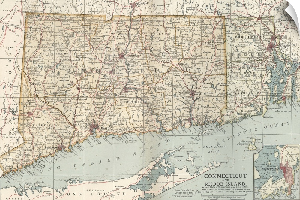 Connecticut and Rhode Island - Vintage Map