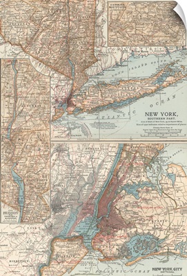 New York, Southern Part, and New York City - Vintage Map