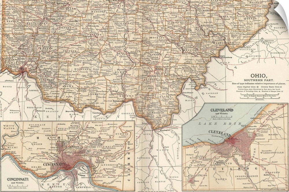 Ohio, Southern Part, with Cincinnati and Cleveland - Vintage Map