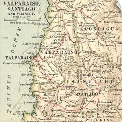 Valparaiso, Santiago, and Vicinity - Vintage Map