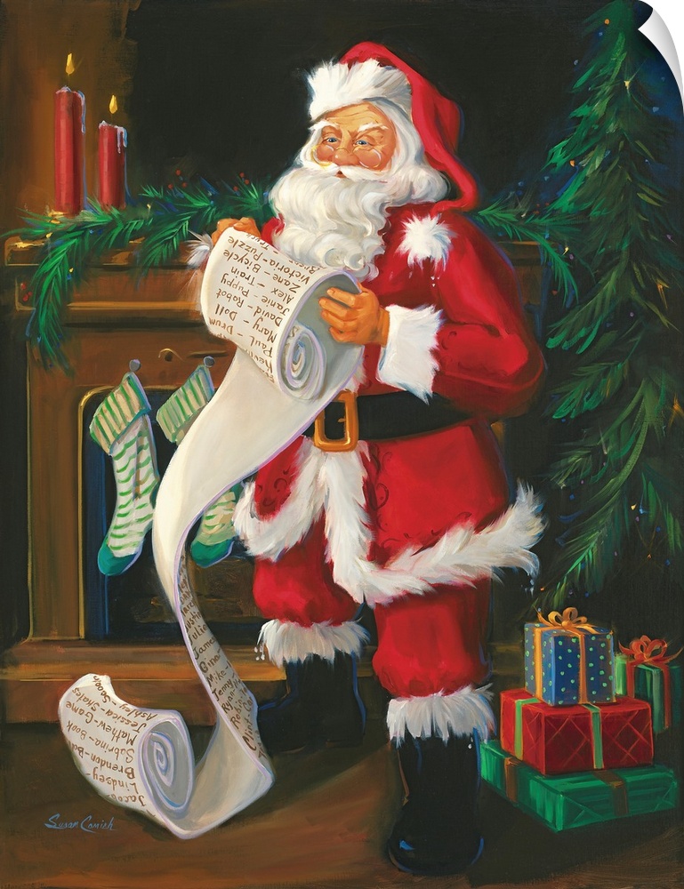 Painting of Santa reading a very long list.