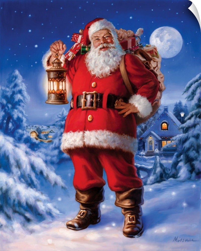 Contemporary painting of Santa Claus in a snowy Winter scene.