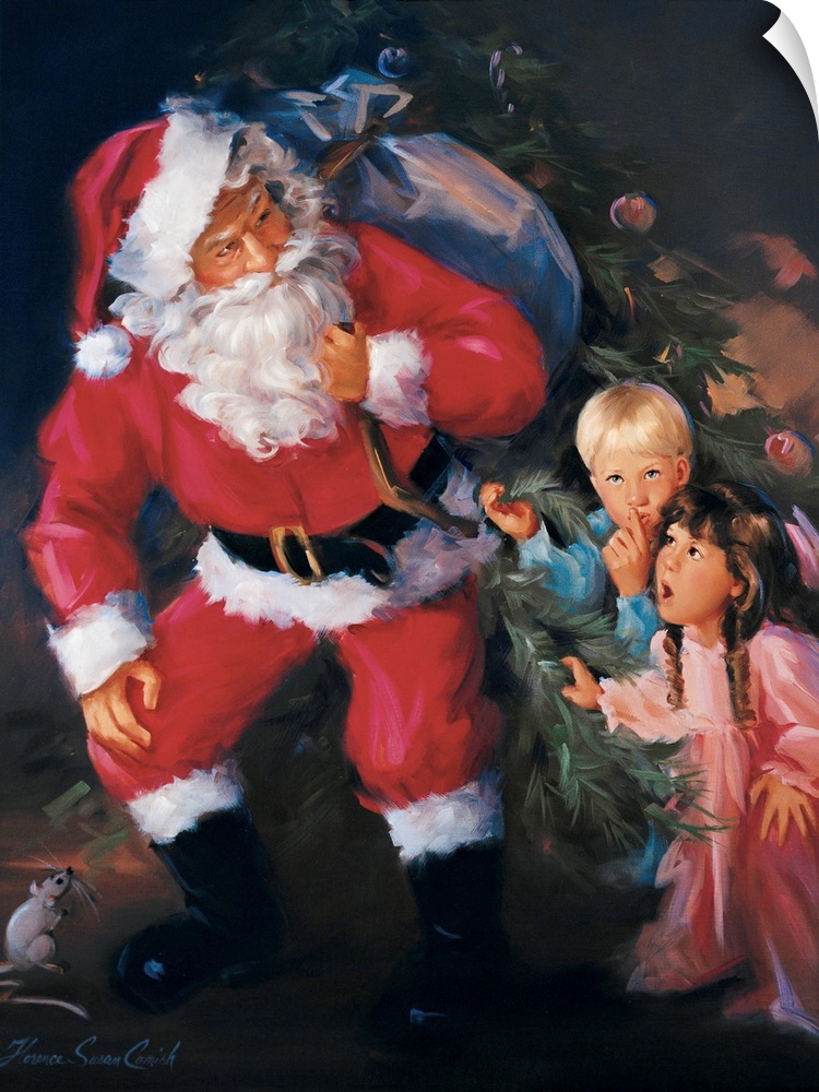 Painting of Santa Claus delivering toys to two surprised children.