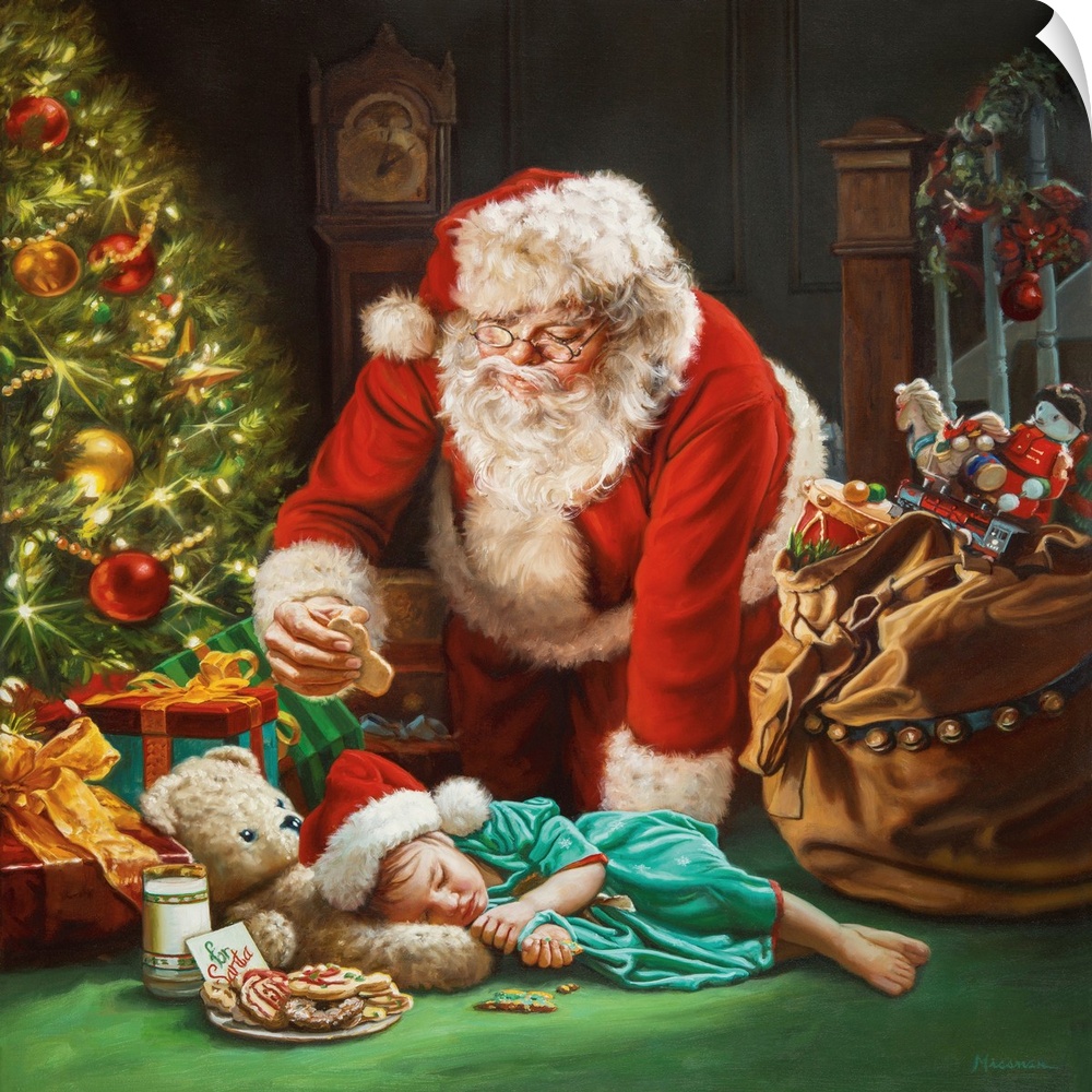 Santa taking a cookie by sleeping little girl.
