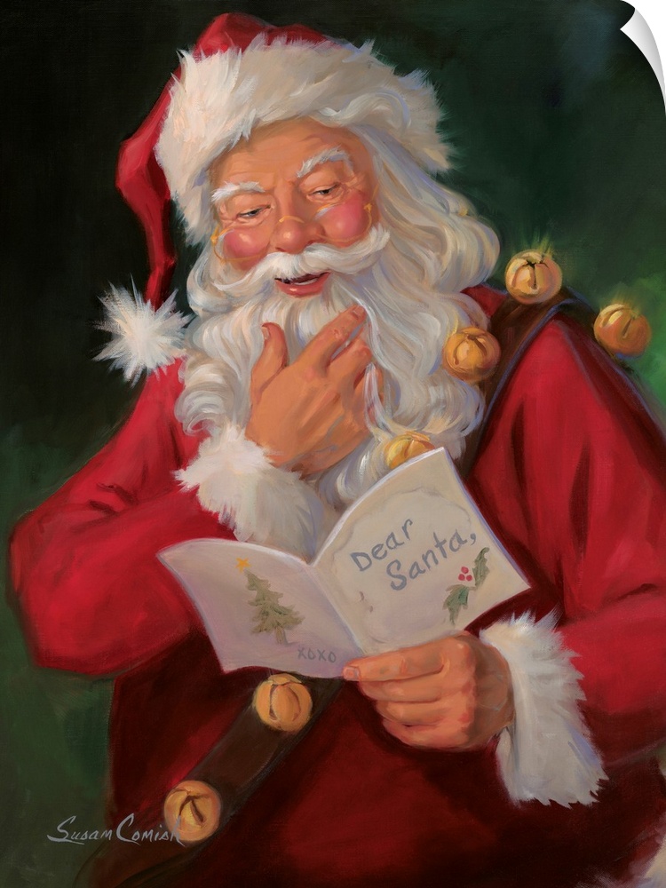 Painting of Santa Claus smiling while reading a note.