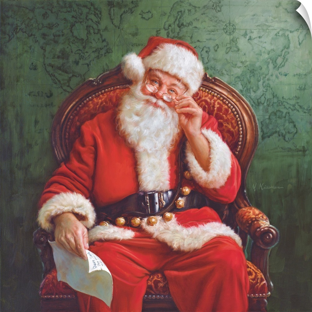 Portrait of Santa sitting in a chair holding a letter.