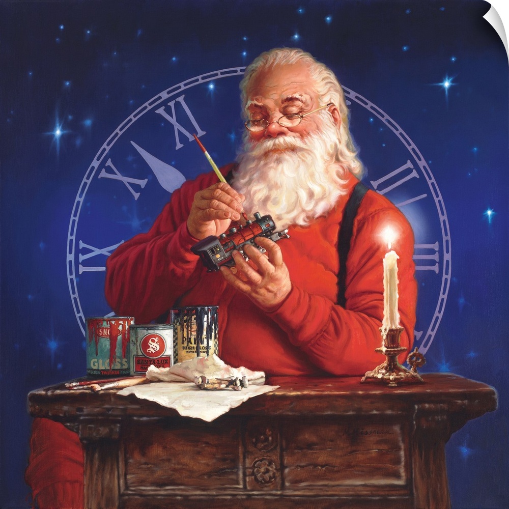 Portrait of Santa working on a toy train with a clock in the background.