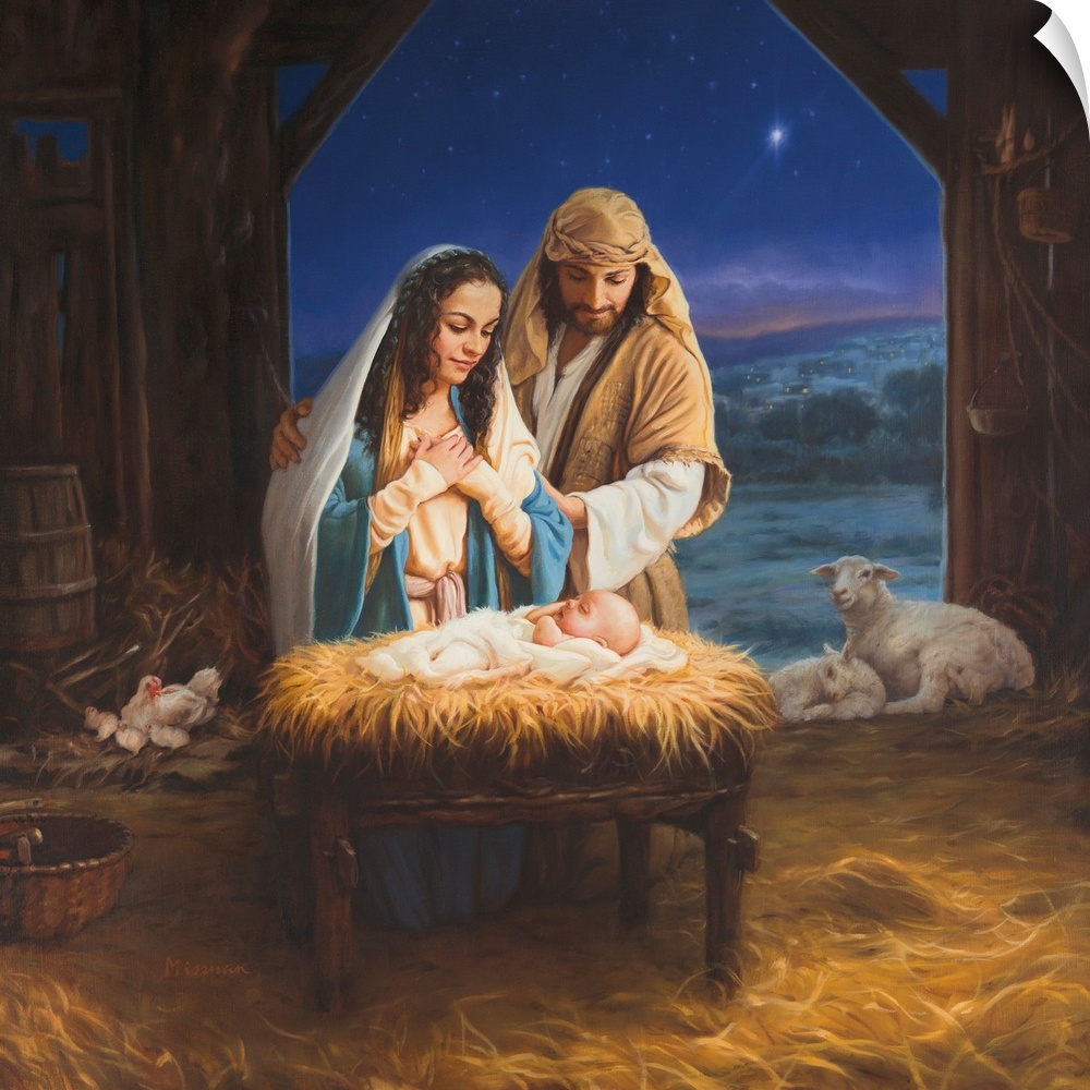 Nativity featuring Mary, Joseph and Christ child.