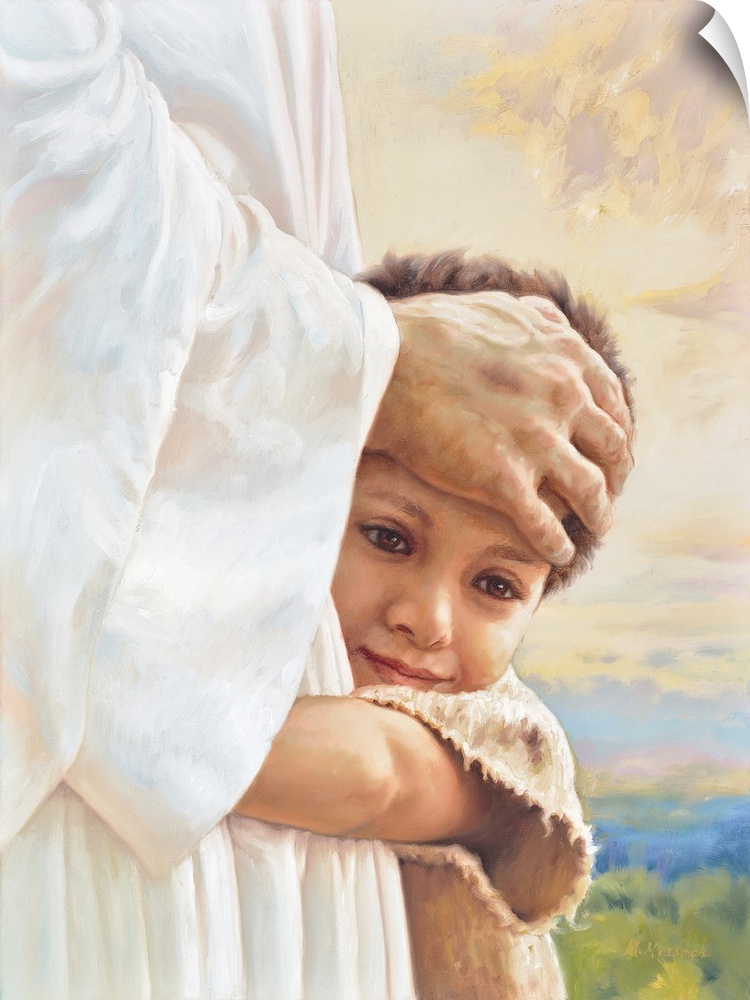 Fine art painting of a child hugging Jesus with a colorful sunset in the background.