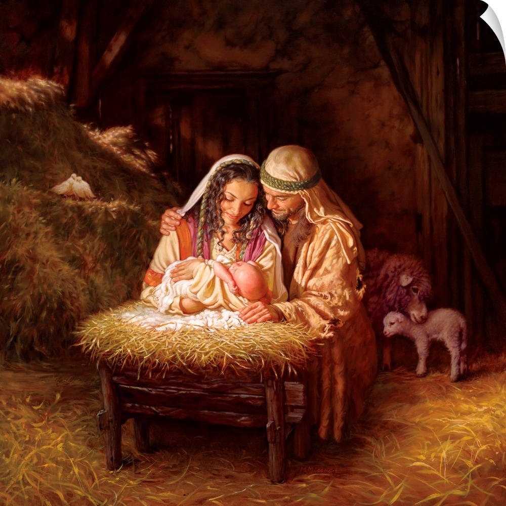 Fine art painting of Mary and Joseph holding Jesus over a manger in a barn with animals and hay.