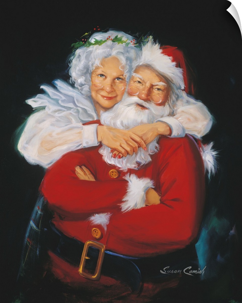 Portrait of Mrs. Claus hugging Santa.
