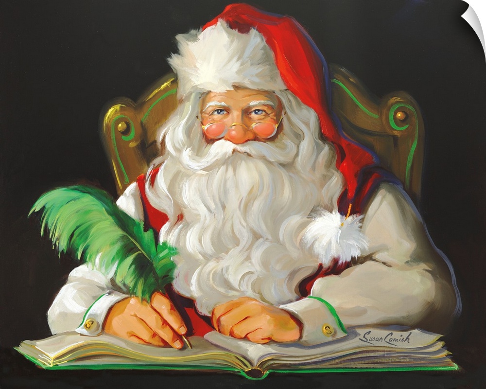 Painting of Santa writing with a green feathered pen.
