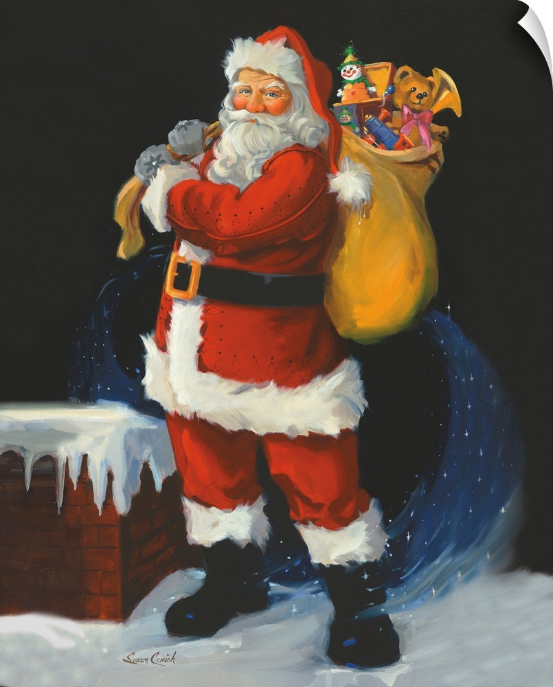 Painting of Santa Claus holding a bag of toys.