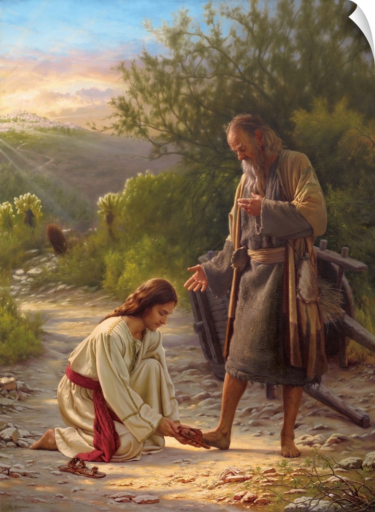 Religious art of Jesus helping  a man put on his shoes with a sunset in the background.