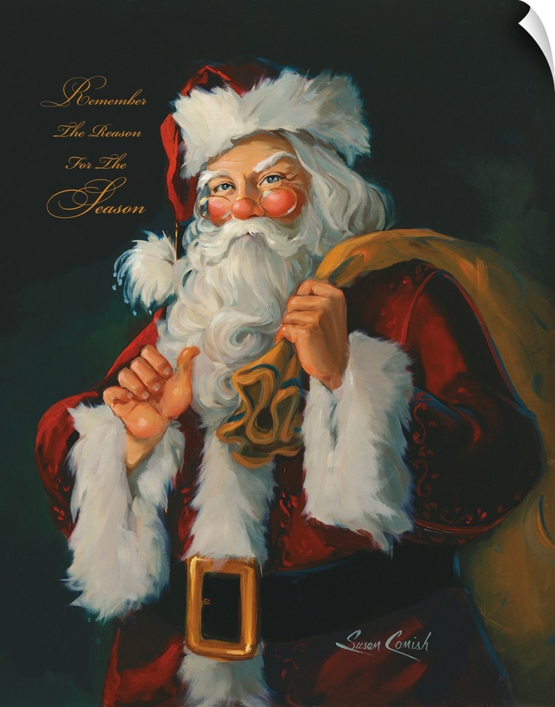 Fine art painting of Santa Claus holding a bag.