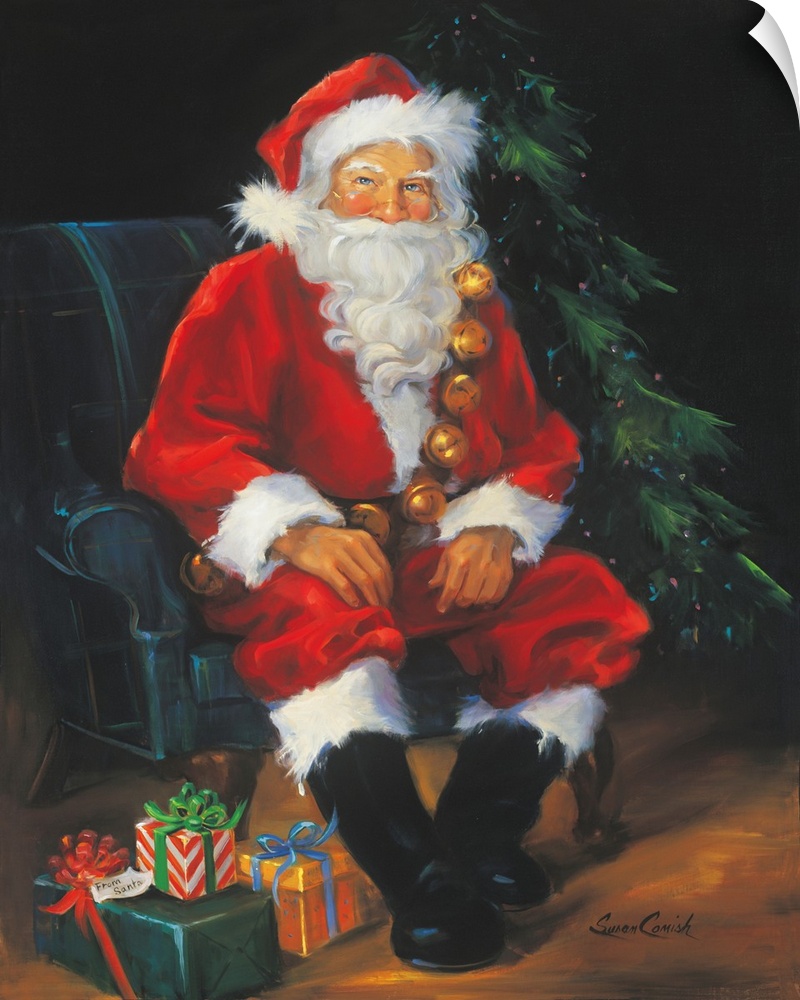 Portrait of Santa Claus sitting by a tree with presents.