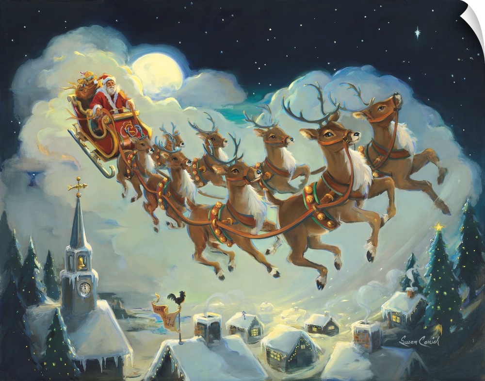 Painting of Santa and his reindeer flying over houses at night.