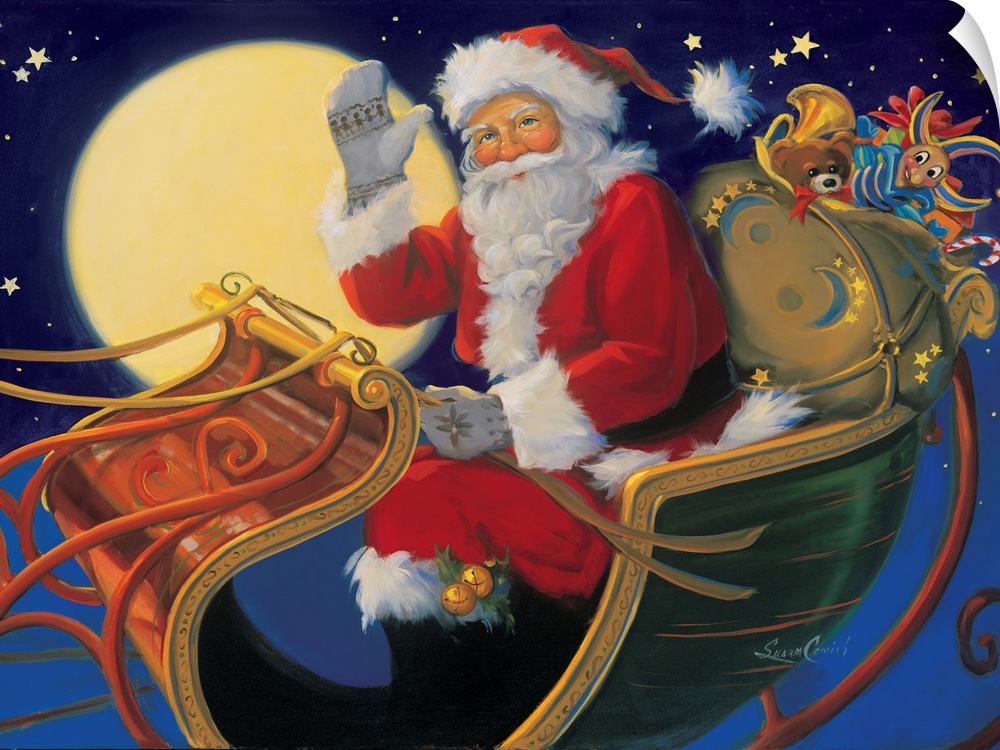 Painting of Santa Claus waving from his sleigh at night.