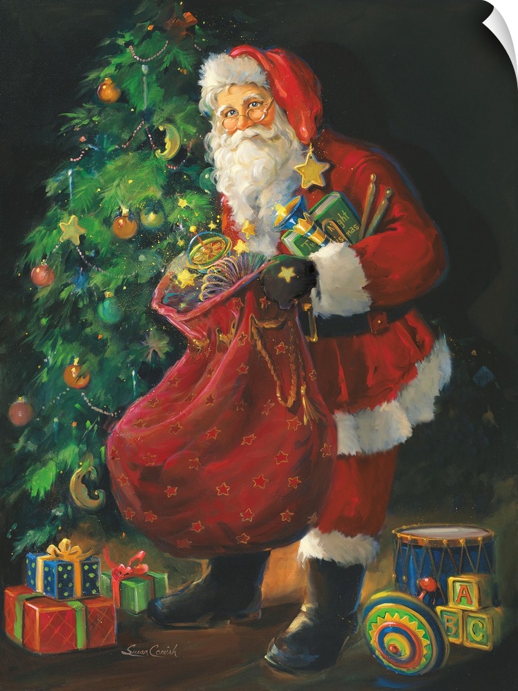 Painting of Santa putting toys under a Christmas tree.