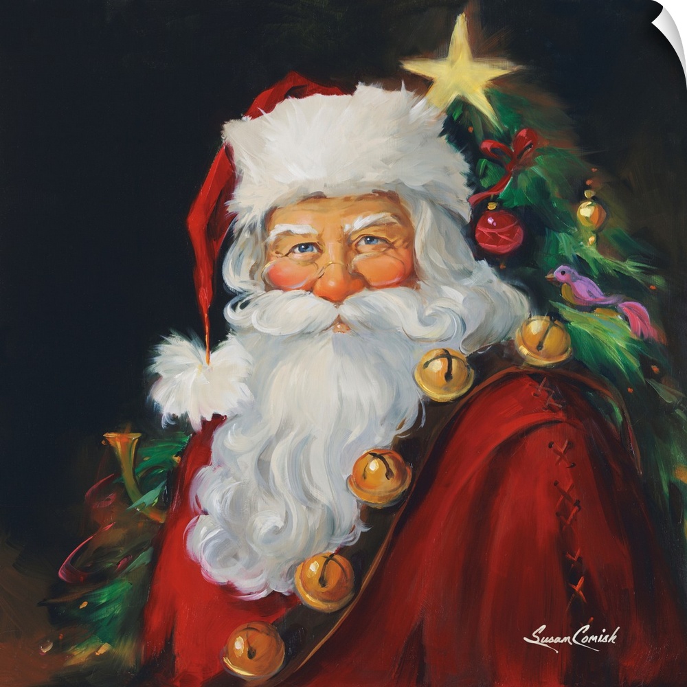 Portrait of Santa with a tree in the background.