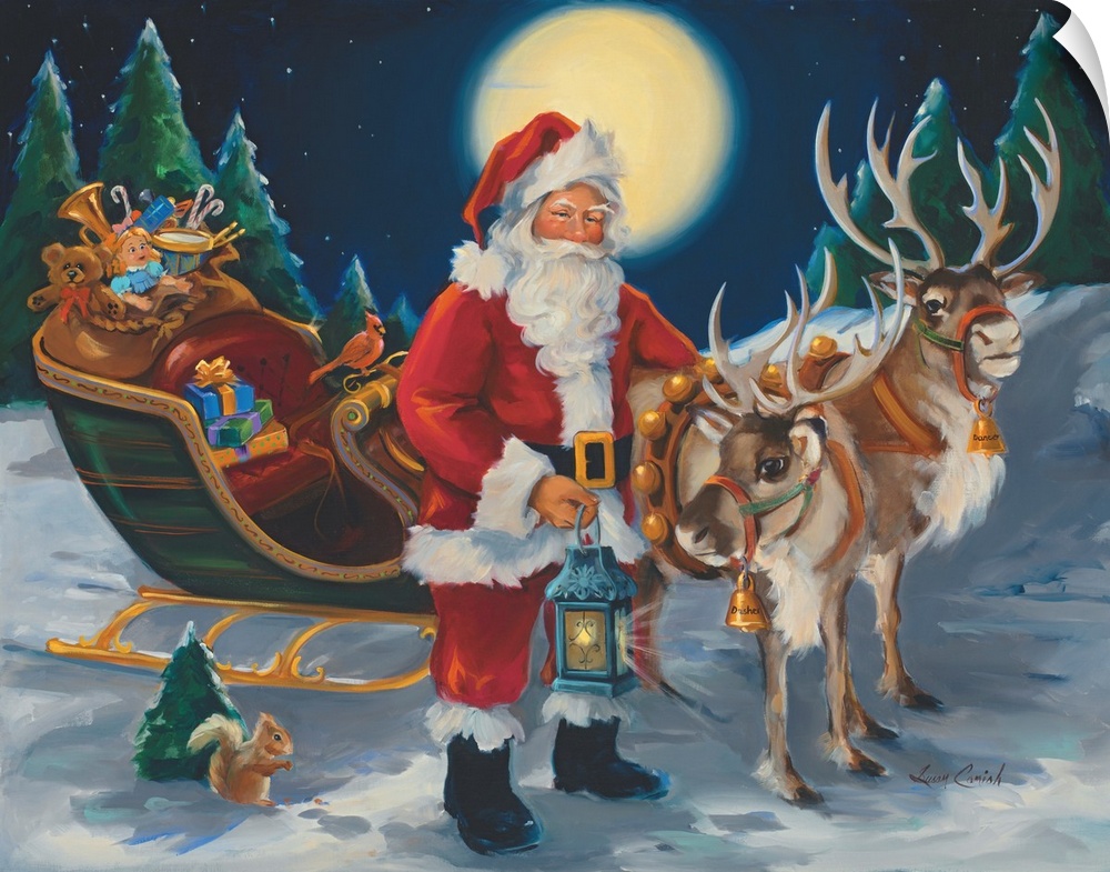 Painting of Santa Claus holding a lantern and standing by his sleigh with reindeer.