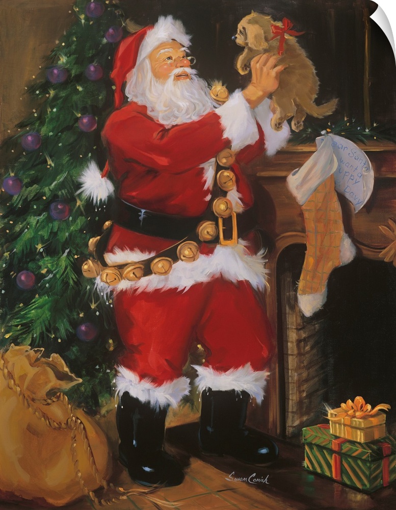 Painting of Santa holding a puppy in front of  Christmas tree.