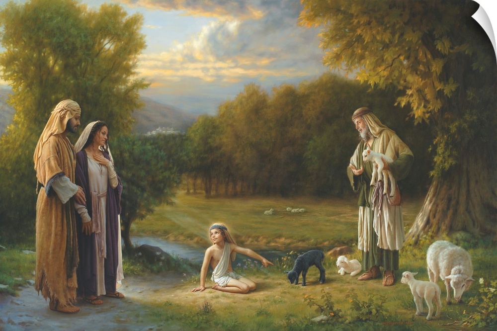 Beautiful landscape with Christ and his family picking out a sheep.