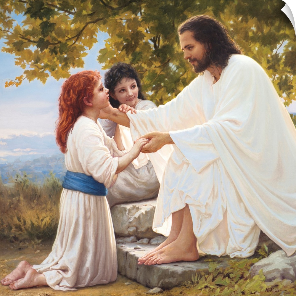 Fine art painting of Jesus talking to children.