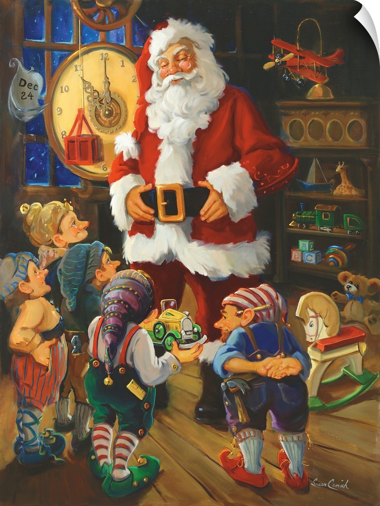 Painting of Santa Claus talking to his elves in the toy workshop.