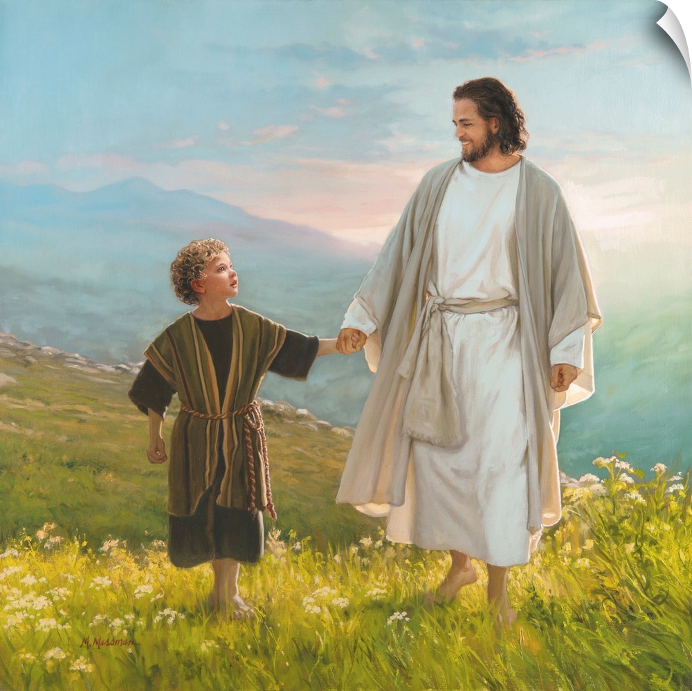 Christ and child walking in a beautiful meadow.