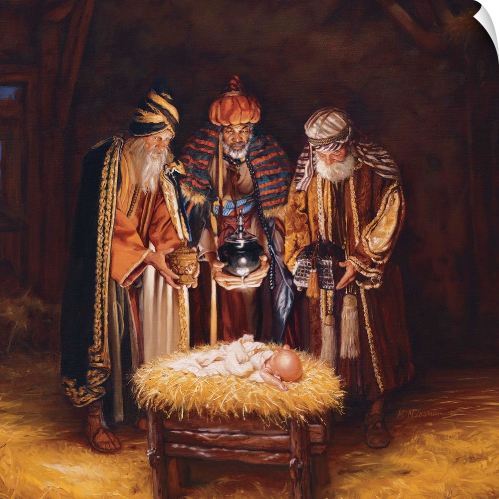Religious art of three wise men bringing baby Jesus gifts.