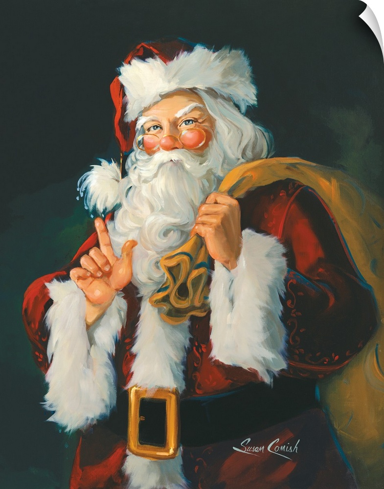 Painting of Santa holding a bag of toys.
