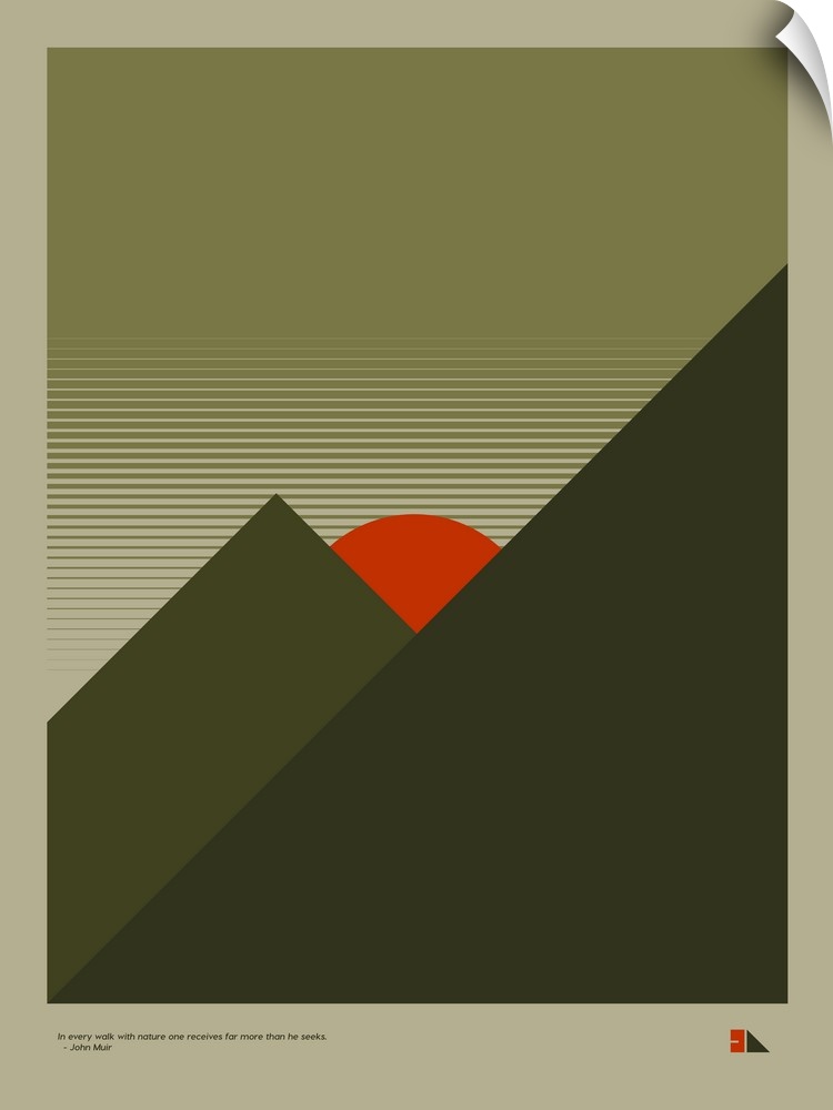 Modern graphic poster representing a forest and mountain landscape with the quote "In every walk with nature one receives ...