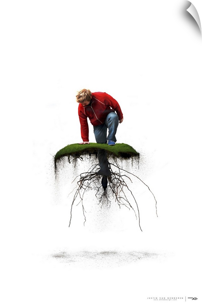 Contemporary artwork with a man kneeling on a piece of land floating in the middle of white space with the roots exposed.