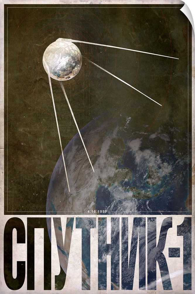 This vertical poster shows the satellite orbiting above the Earth with its name written in Russian below.