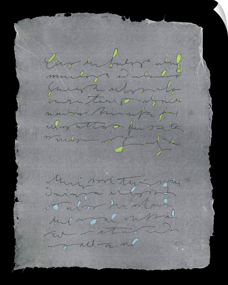 Loose lines evoking handwriting with splashes of green and blue face off on a sheet of handmade paper.