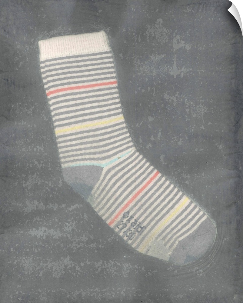 A worn, striped children's sock suspended in handmade paper.