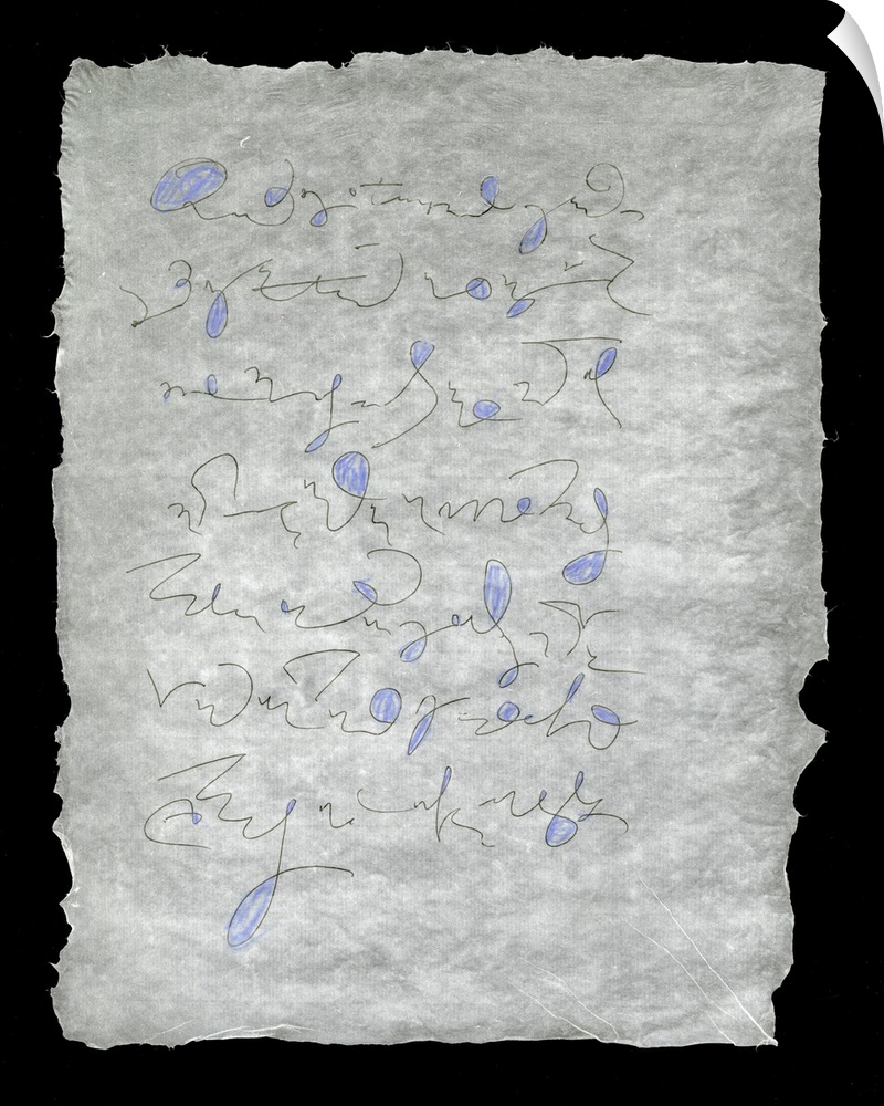 Loose lines evoking handwriting with splashes of blue wander on a sheet of handmade paper.