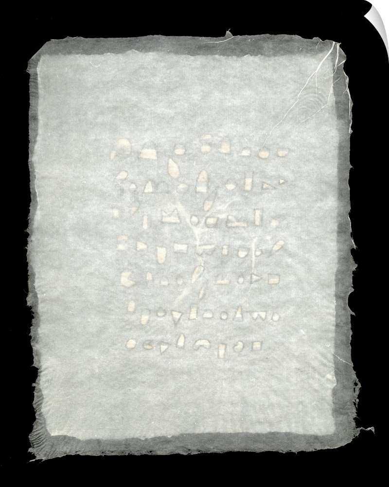 Geometric shapes resembling text are partially obscured by a piece of translucent handmade paper.