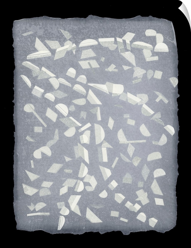 Gray geometric shapes wander through a field of handmade paper.