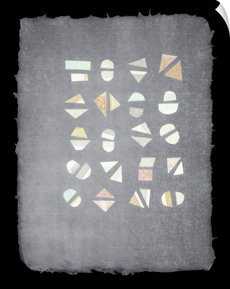 Geometric shapes pair up in a careful composition, suspended in a sheet of handmade paper.