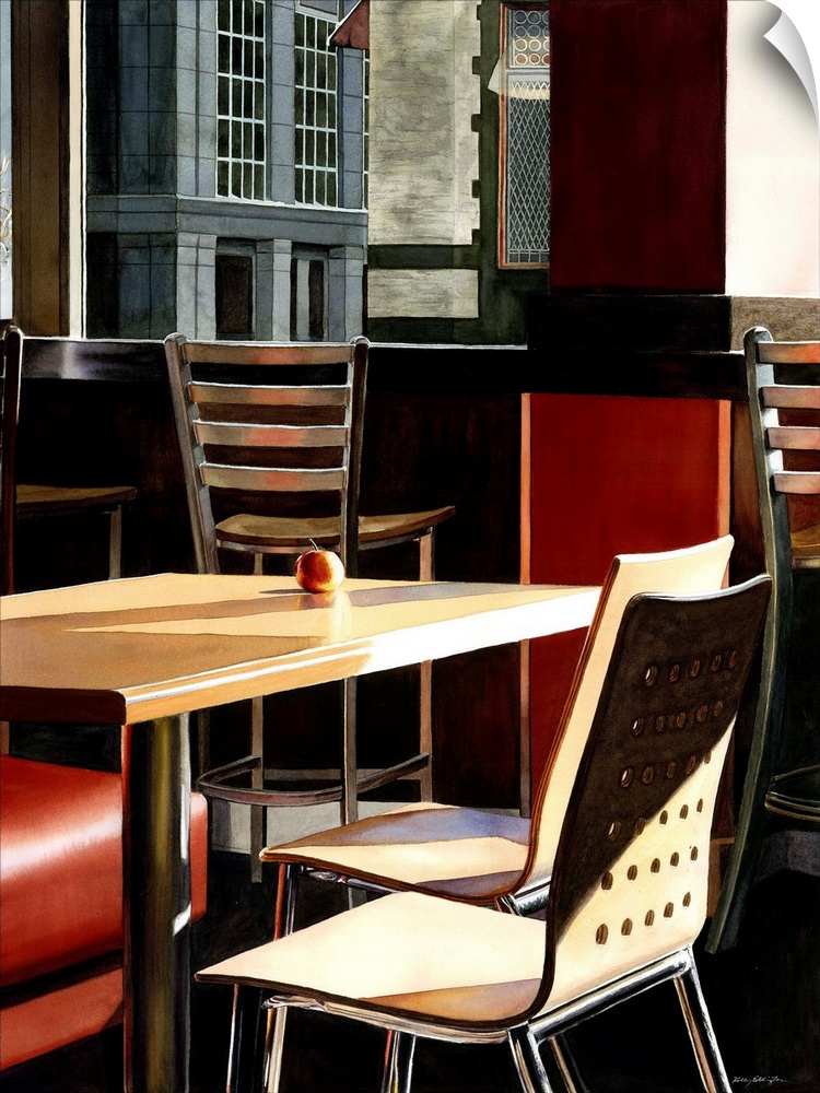 A contemporary watercolor painting of table and chairs in a cafe shop in Boston.