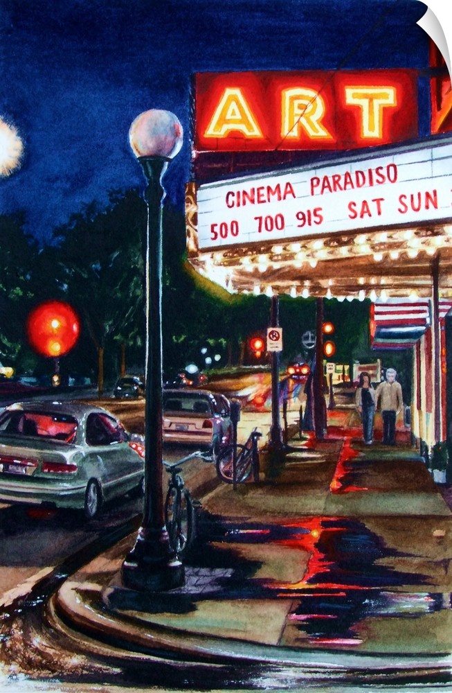 A contemporary watercolor painting of a couple walking towards the Champaign's Art Theater in Illinois.