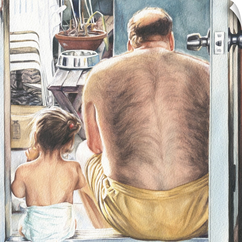 Watercolor portrait of a father and daughter sitting in a doorway.