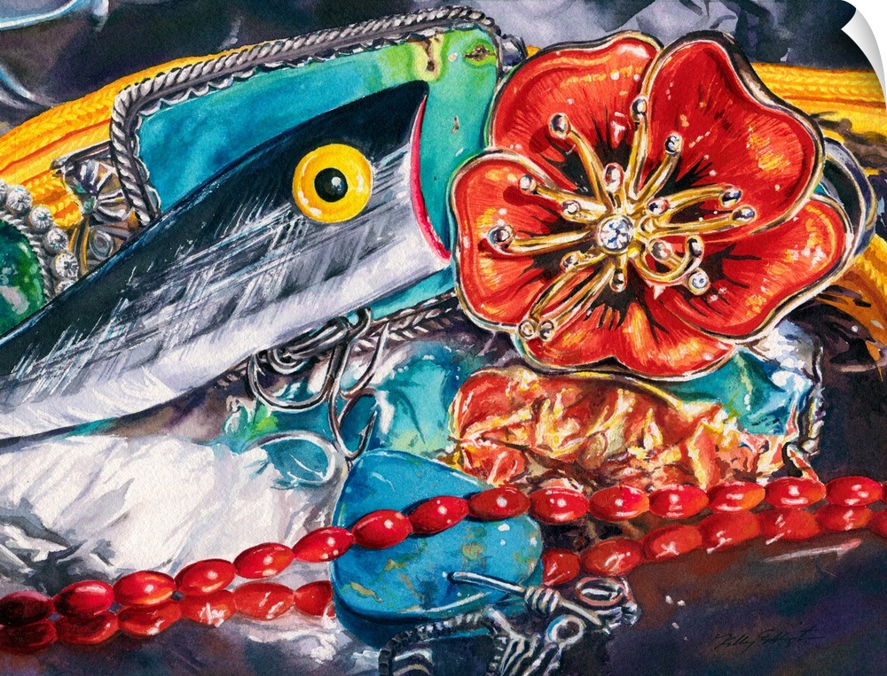 Watercolor painting of a fishing lure sits on aluminum foil and interacts with a poppy pin, coral beads, and turquoise nec...