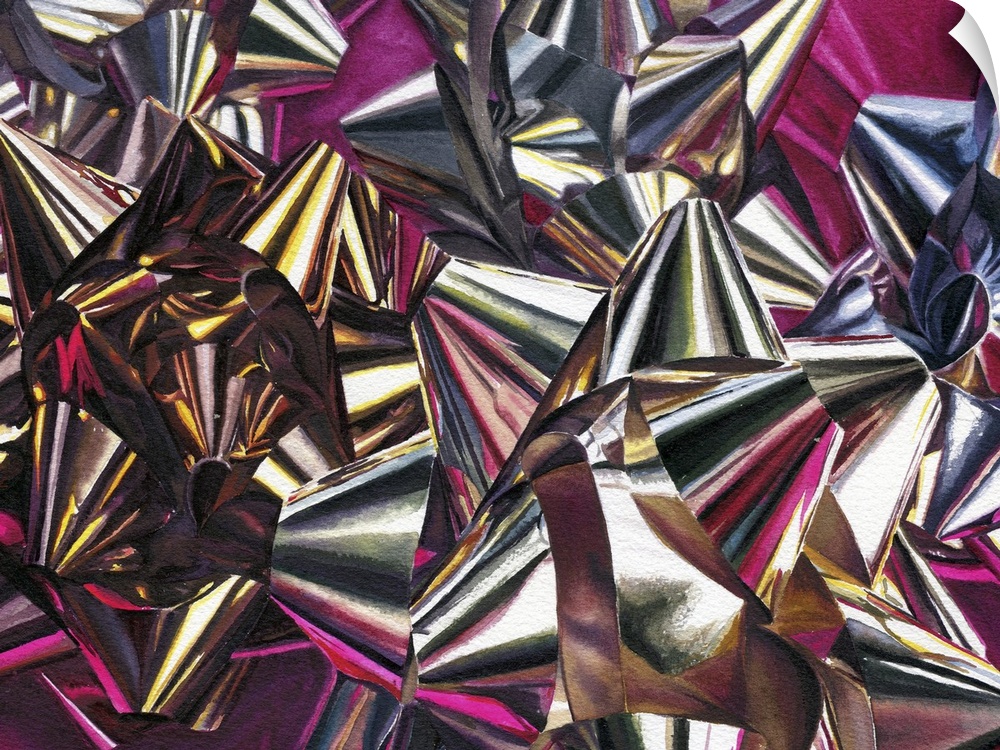 Watercolor painting of metallic bows scattered on a piece of pink satin.