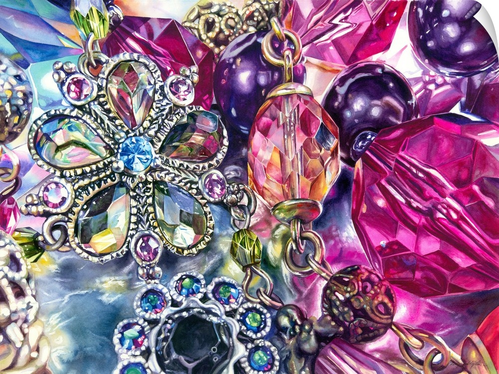 A watercolor close-up of a small selection of jewelry.