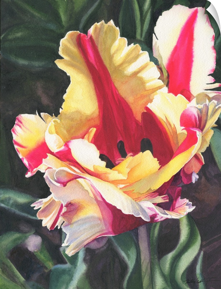 Vertical painting of a Blooming parrot Tulip in yellow and red.