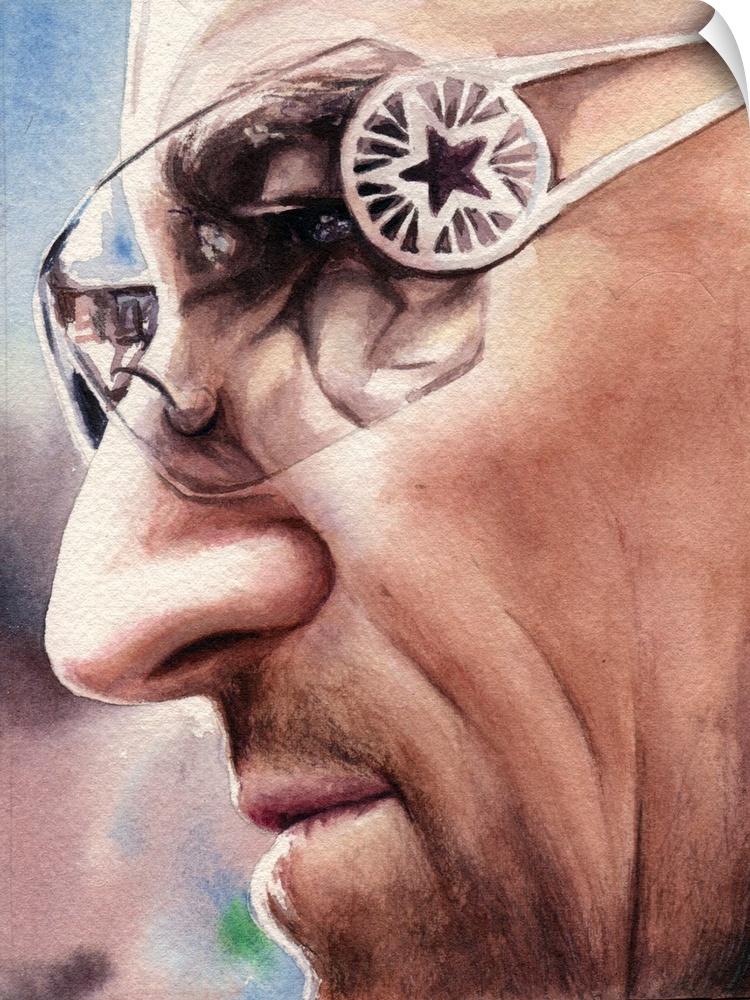 Watercolor portrait of Bono focusing on his nose, skin, and facial stubble.