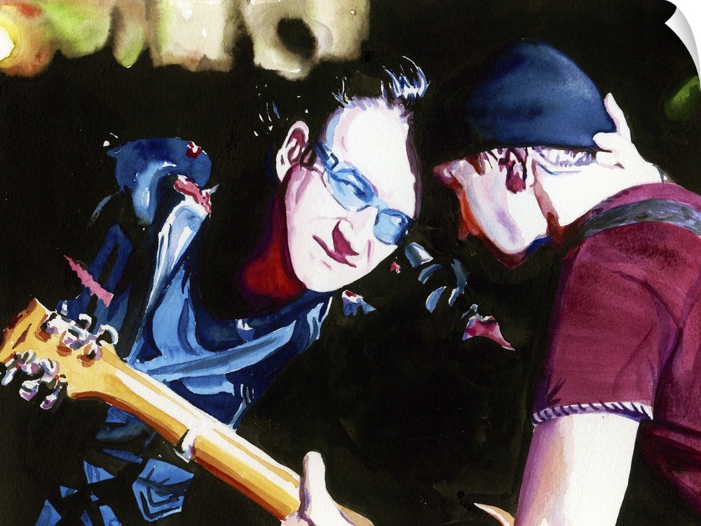 Watercolor painting of strange yet awesome forehead-grinding from U2 live at Slane Castle, Elevation tour.